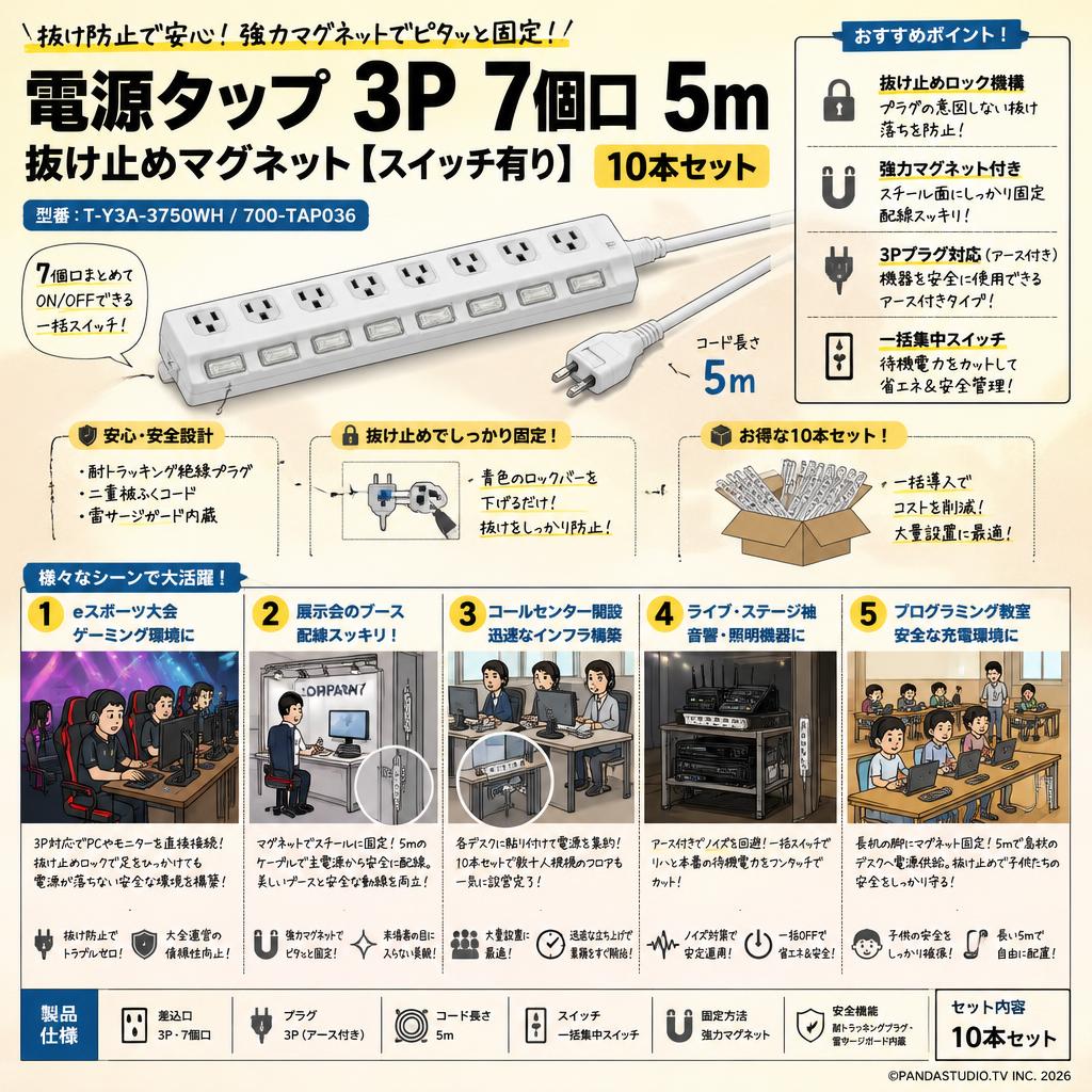 電源タップ  3P 7個口 5m 抜け止めマグネット【スイッチ有り】10本セット T-Y3A-3750WH / 700-TAP036 用途