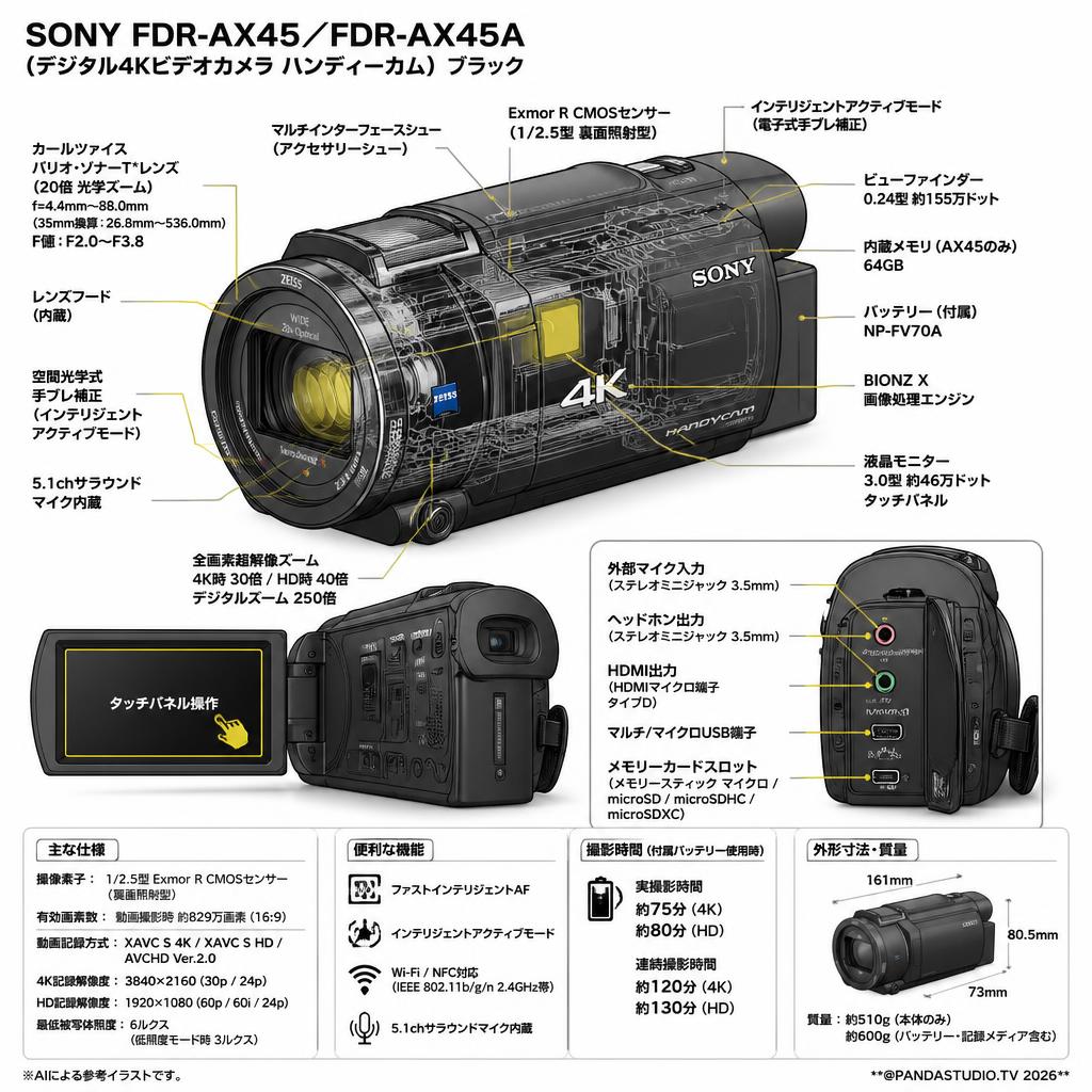 SONY FDR-AX45 ／FDR-AX45A（デジタル４Kビデオカメラ ハンディーカム） ブラック スペック