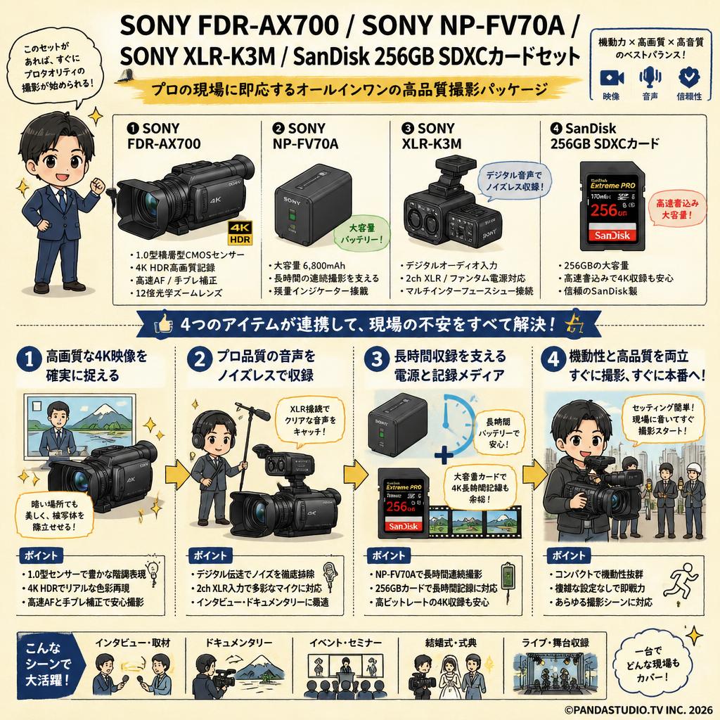 SONY FDR-AX700 / SONY NP-FV70A / SONY XLR-K3M / SanDisk 256GB SDXCカードセット 概要