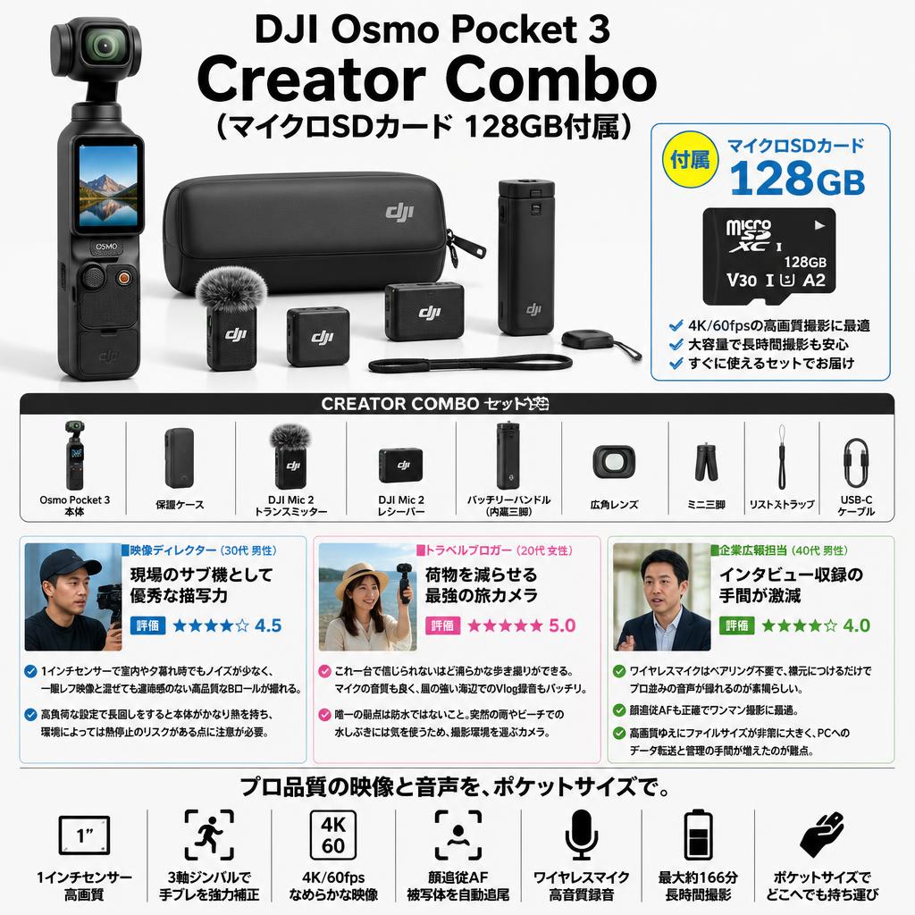 DJI Osmo Pocket 3 Creator Combo (マイクロSDカード 128GB付属） インターネット上のお客様の声（評判）