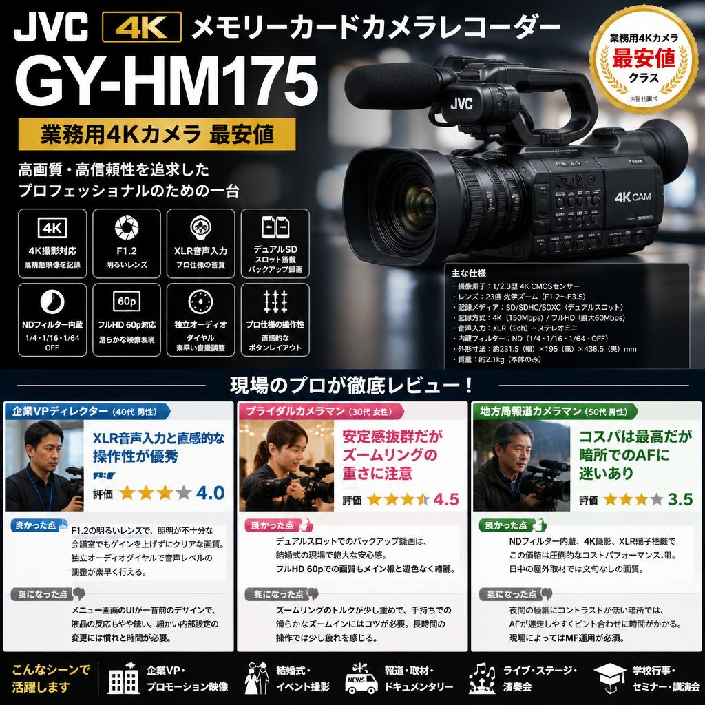 JVC 4Kメモリーカードカメラレコーダー GY-HM175(業務用4Kカメラ 最安値) インターネット上のお客様の声（評判）