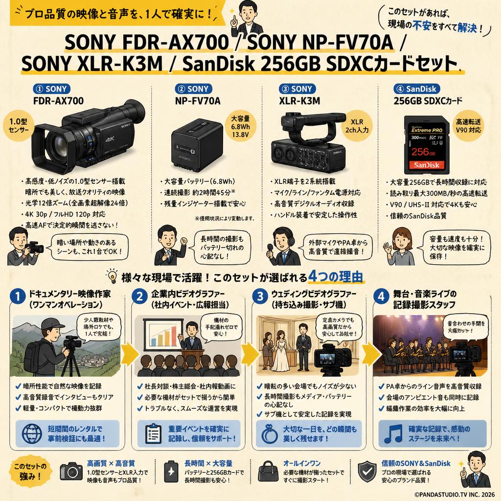 SONY FDR-AX700 / SONY NP-FV70A / SONY XLR-K3M / SanDisk 256GB SDXCカードセット おもな対象のお客様