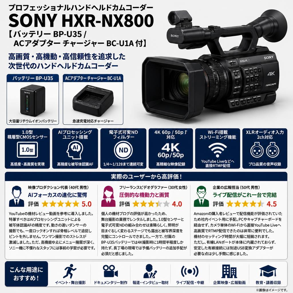 SONY HXR-NX800【バッテリー BP-U35 / ACアダプター チャージャー BC-U1A 付】 インターネット上のお客様の声（評判）