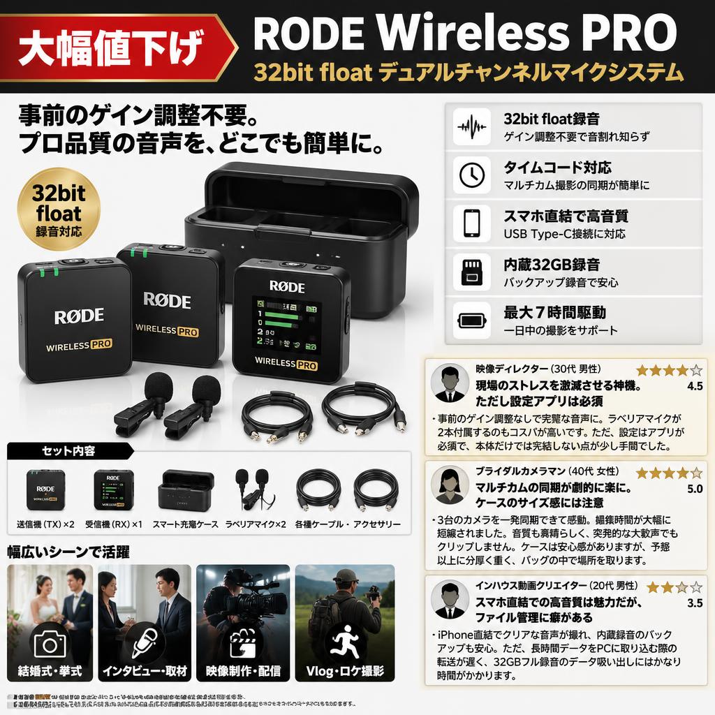 【大幅値下げ】RODE Wireless PRO  32bit float デュアルチャンネ ルマイクシステム インターネット上のお客様の声（評判）