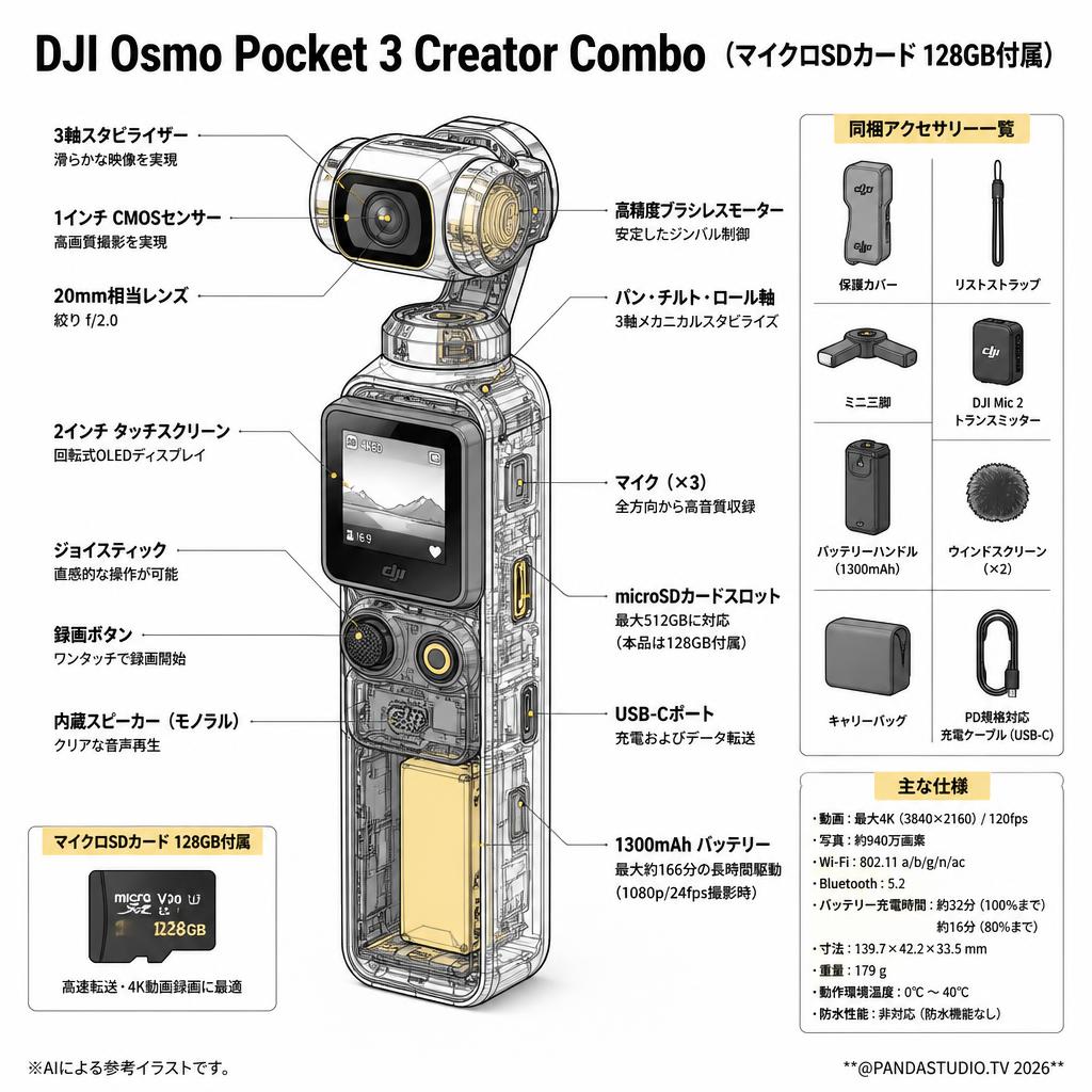 DJI Osmo Pocket 3 Creator Combo (マイクロSDカード 128GB付属） スペック