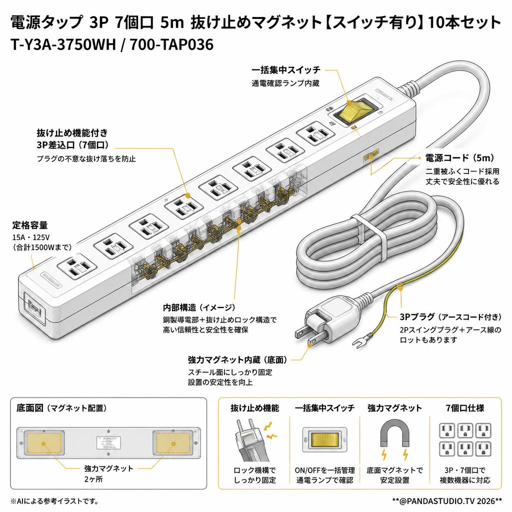 電源タップ  3P 7個口 5m 抜け止めマグネット【スイッチ有り】10本セット T-Y3A-3750WH / 700-TAP036 スペック