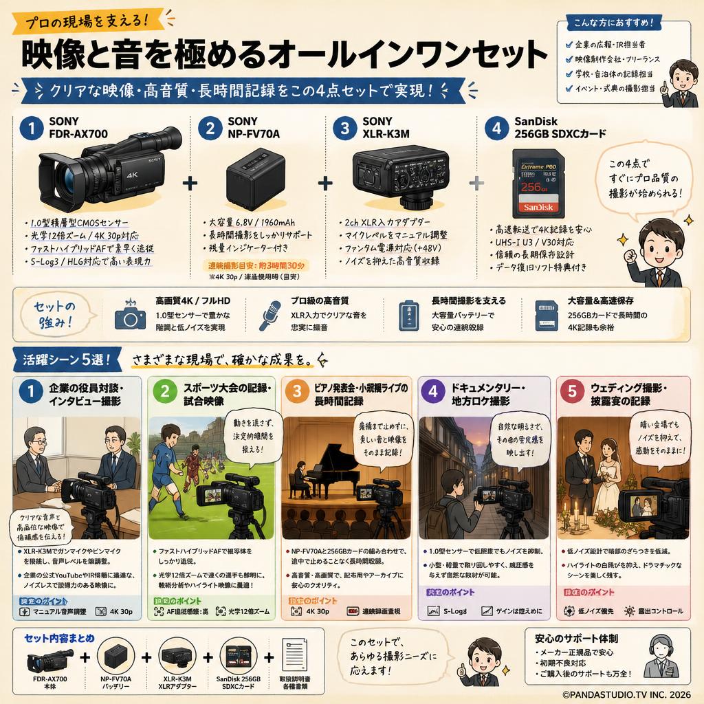 SONY FDR-AX700 / SONY NP-FV70A / SONY XLR-K3M / SanDisk 256GB SDXCカードセット 用途