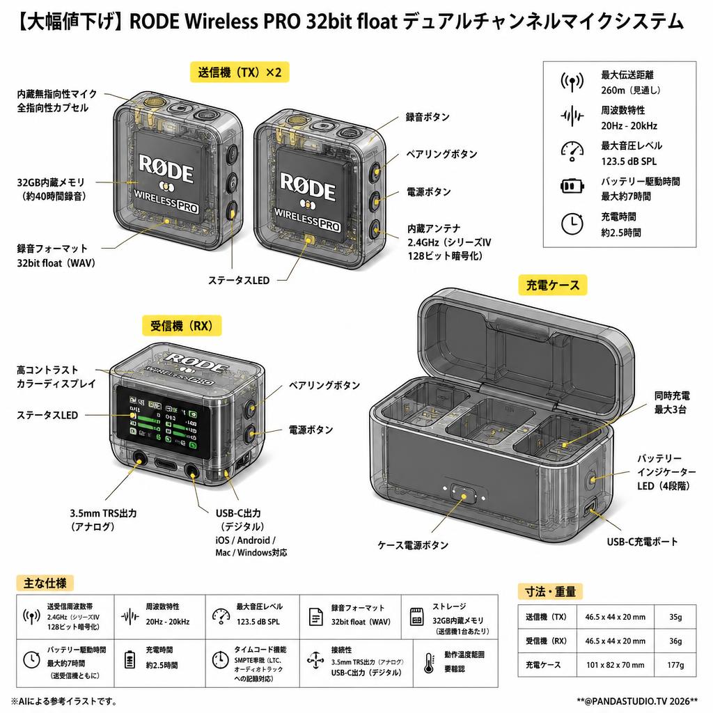 【大幅値下げ】RODE Wireless PRO  32bit float デュアルチャンネ ルマイクシステム スペック