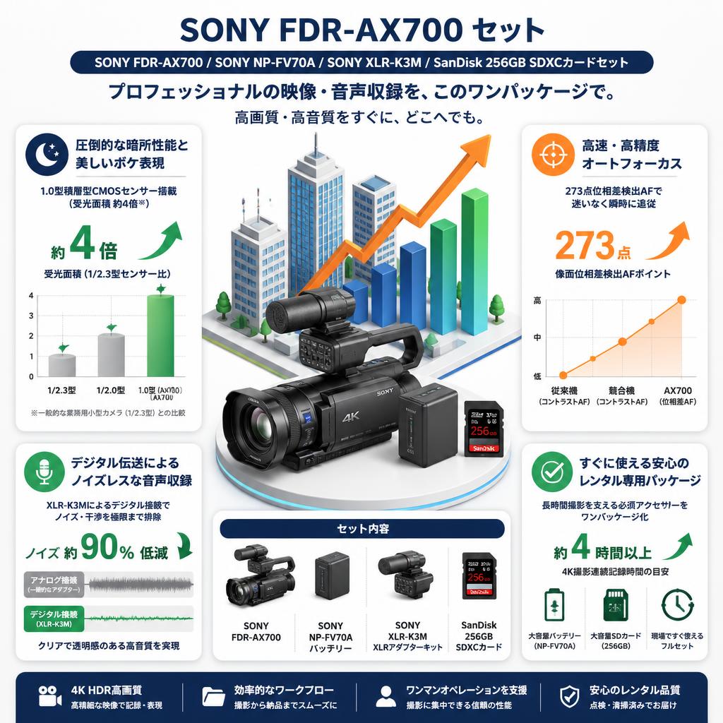 SONY FDR-AX700 / SONY NP-FV70A / SONY XLR-K3M / SanDisk 256GB SDXCカードセット セールスポイント