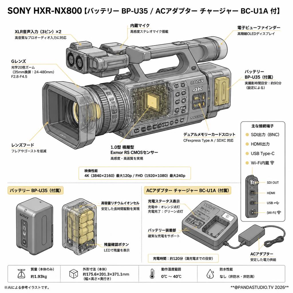 SONY HXR-NX800【バッテリー BP-U35 / ACアダプター チャージャー BC-U1A 付】 スペック