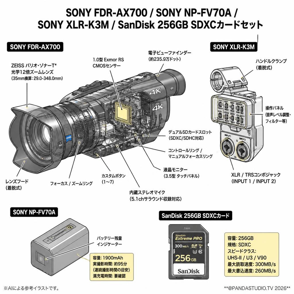 SONY FDR-AX700 / SONY NP-FV70A / SONY XLR-K3M / SanDisk 256GB SDXCカードセット スペック