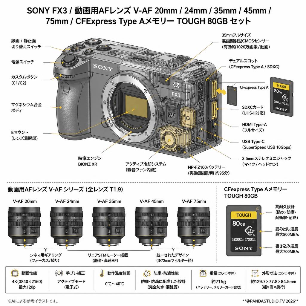 SONY FX3 /  動画用AFレンズ V-AF 20mm / 24mm / 35mm / 45mm / 75mm / CFExpress Type Aメモリー TOUGH 80GB セット スペック