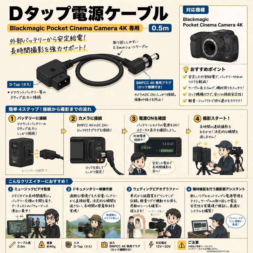 Dタップ電源ケーブル Blackmagic Pocket Cinema Camera 4K 専用　0.5m おもな対象のお客様