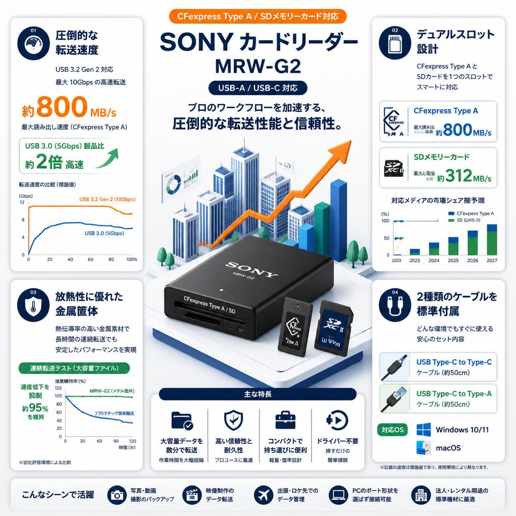 SONY CFexpress Type A / SDメモリーカード対応 カードリーダー MRW-G2 USB-A / USB-C セールスポイント