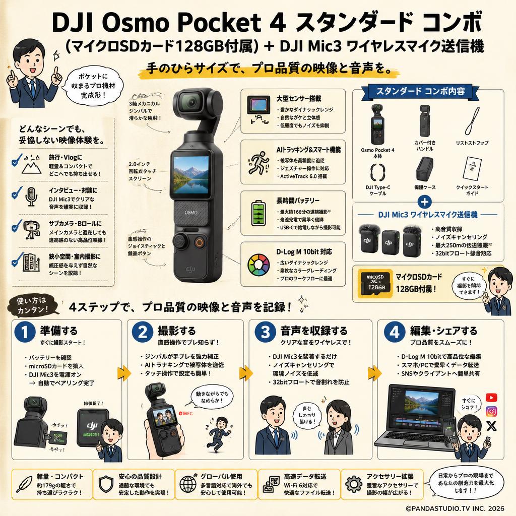 DJI Osmo Pocket 4 スタンダード コンボ  (マイクロSDカード128GB付属) ＋ DJI Mic3 ワイヤレスマイク送信機 概要