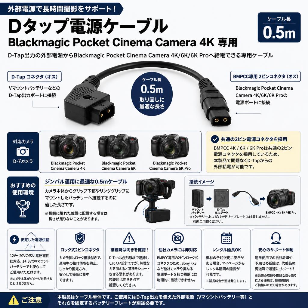 Dタップ電源ケーブル Blackmagic Pocket Cinema Camera 4K 専用　0.5m FAQ（よくある質問と答え）