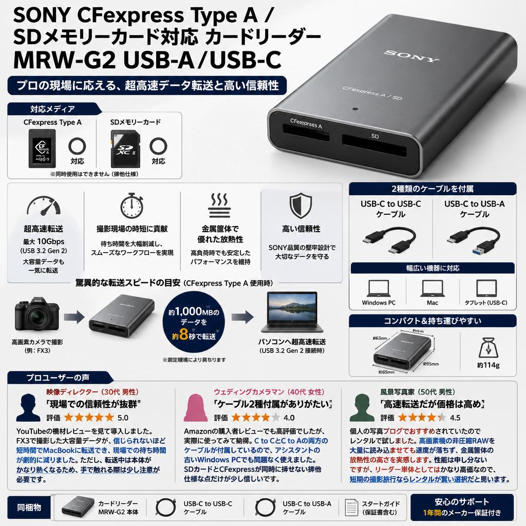 SONY CFexpress Type A / SDメモリーカード対応 カードリーダー MRW-G2 USB-A / USB-C インターネット上のお客様の声（評判）