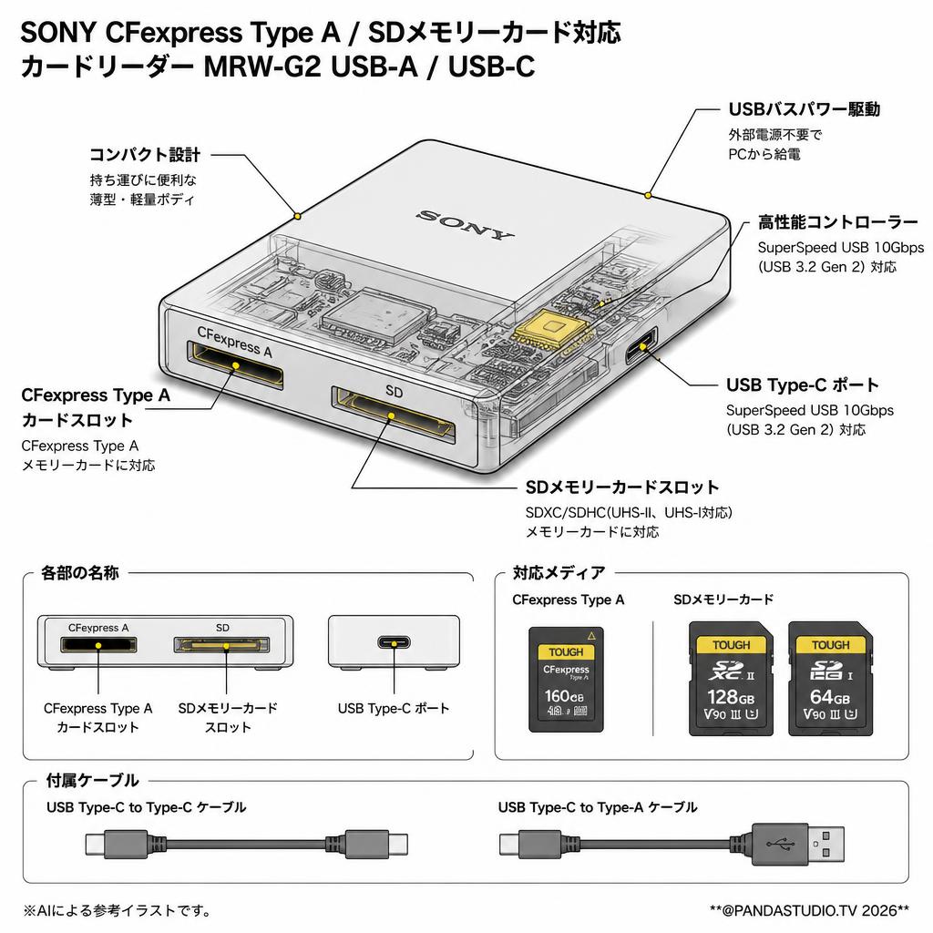 SONY CFexpress Type A / SDメモリーカード対応 カードリーダー MRW-G2 USB-A / USB-C スペック