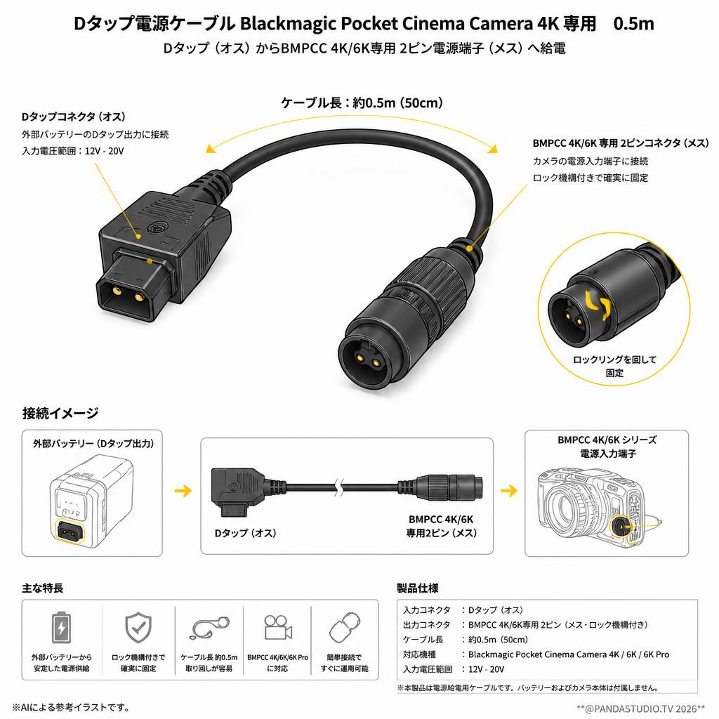Dタップ電源ケーブル Blackmagic Pocket Cinema Camera 4K 専用　0.5m スペック