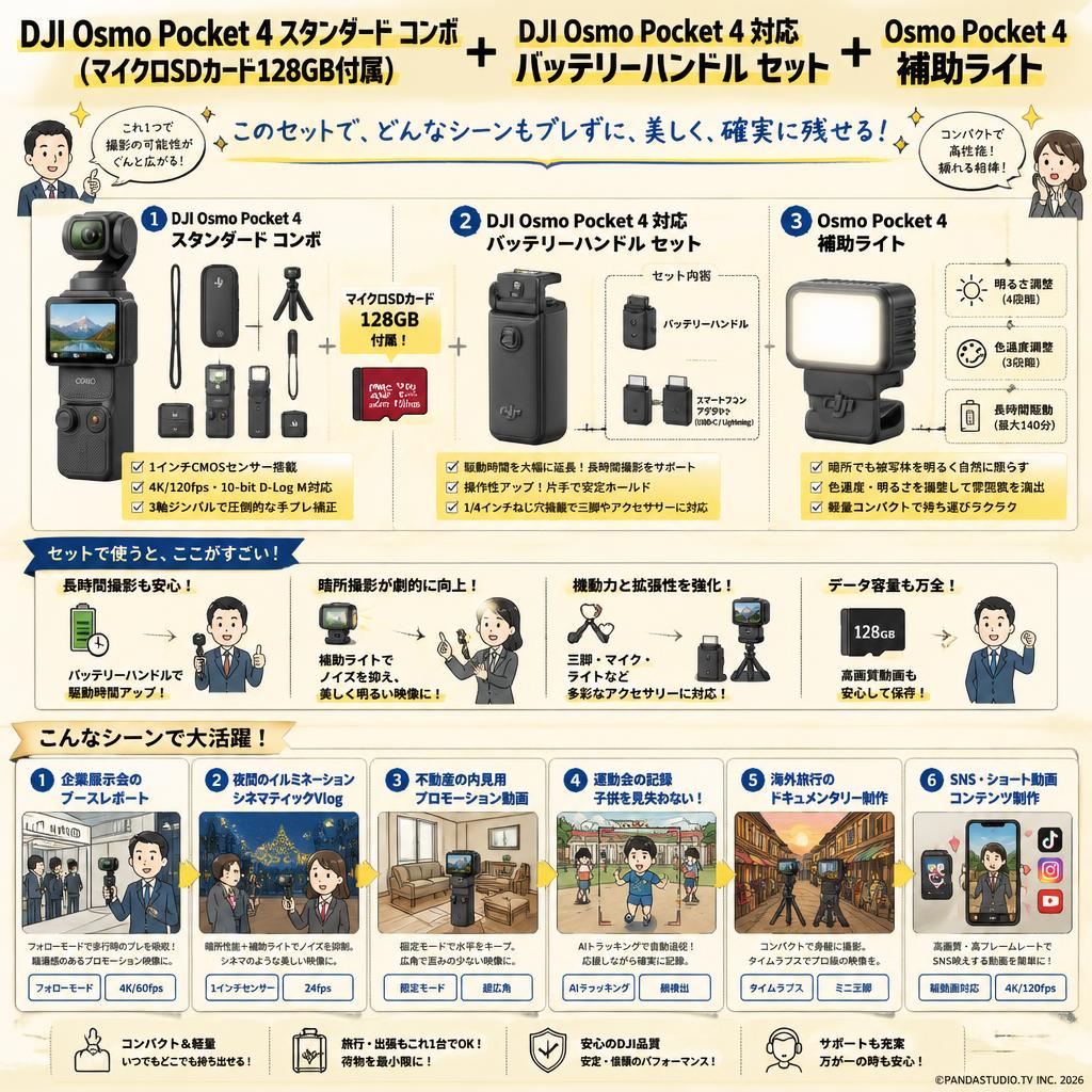 DJI Osmo Pocket 4 スタンダード コンボ  (マイクロSDカード128GB付属) + DJI Osmo Pocket 4 対応 バッテリーハンドル セット + Osmo Pocket 4 補助ライト 用途