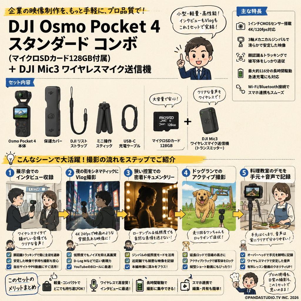 DJI Osmo Pocket 4 スタンダード コンボ  (マイクロSDカード128GB付属) ＋ DJI Mic3 ワイヤレスマイク送信機 用途