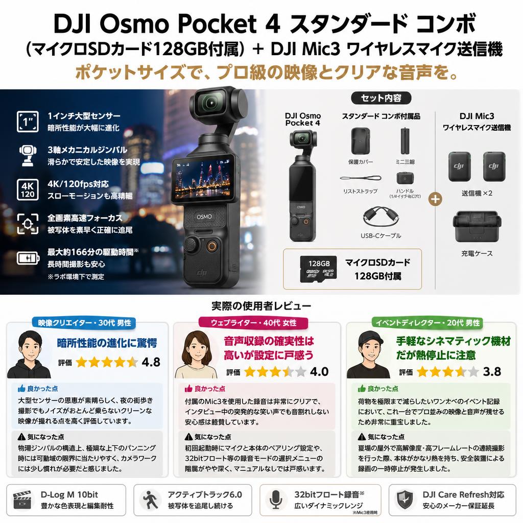 DJI Osmo Pocket 4 スタンダード コンボ  (マイクロSDカード128GB付属) ＋ DJI Mic3 ワイヤレスマイク送信機 インターネット上のお客様の声（評判）