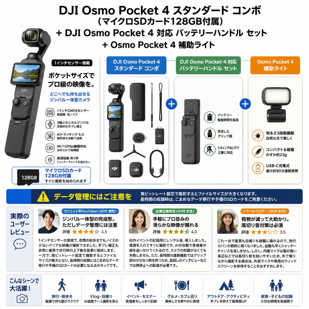 DJI Osmo Pocket 4 スタンダード コンボ  (マイクロSDカード128GB付属) + DJI Osmo Pocket 4 対応 バッテリーハンドル セット + Osmo Pocket 4 補助ライト インターネット上のお客様の声（評判）