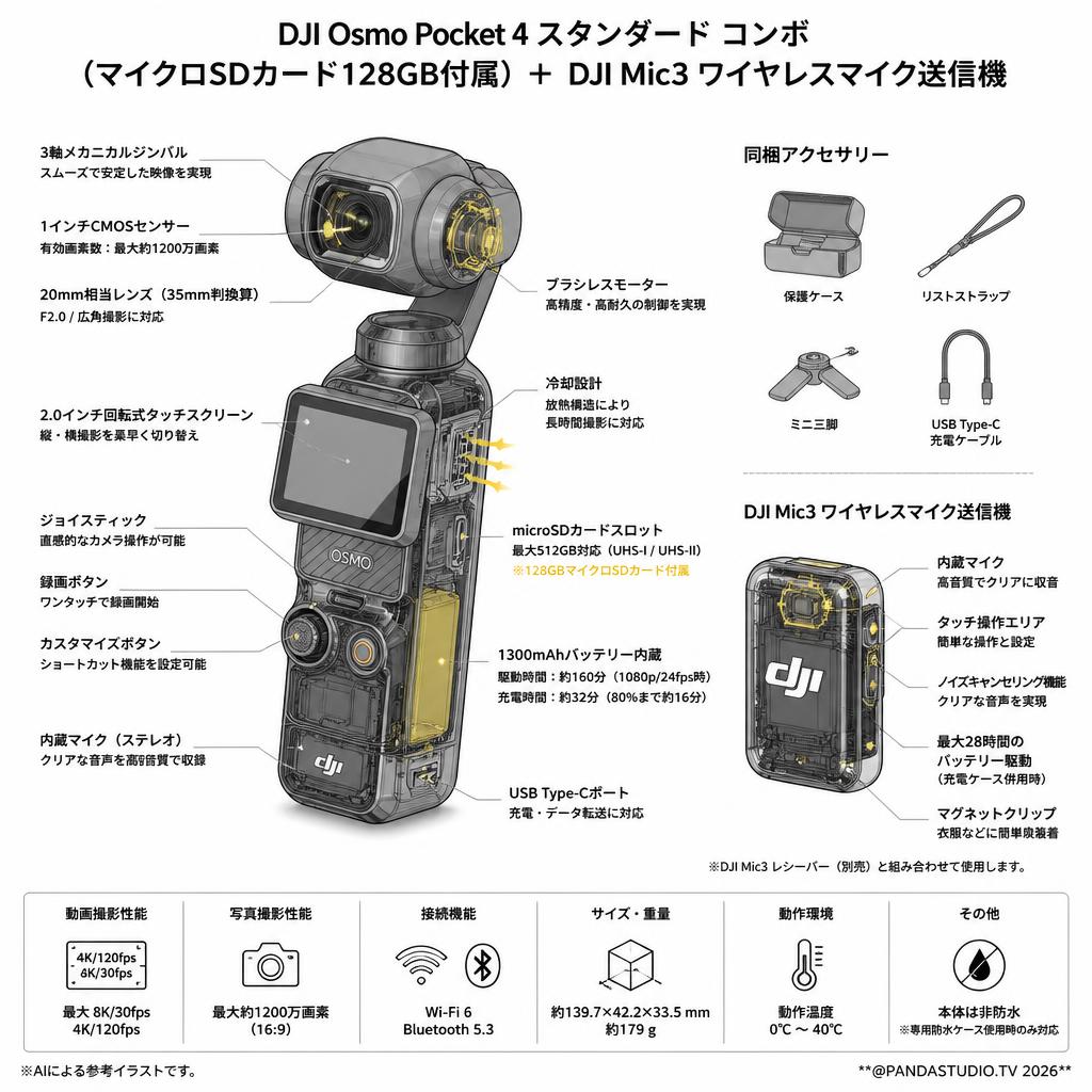 DJI Osmo Pocket 4 スタンダード コンボ  (マイクロSDカード128GB付属) ＋ DJI Mic3 ワイヤレスマイク送信機 スペック