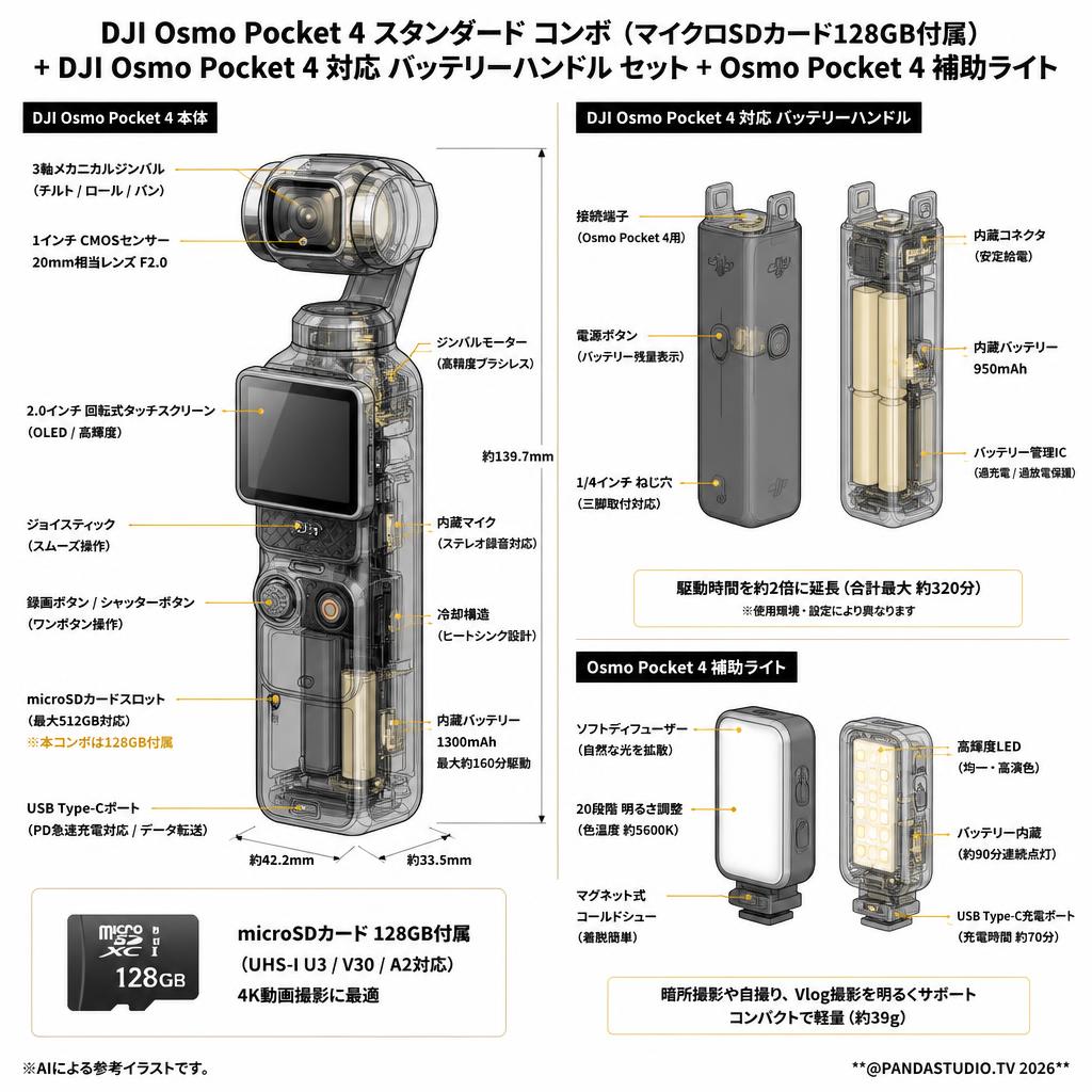 DJI Osmo Pocket 4 スタンダード コンボ  (マイクロSDカード128GB付属) + DJI Osmo Pocket 4 対応 バッテリーハンドル セット + Osmo Pocket 4 補助ライト スペック