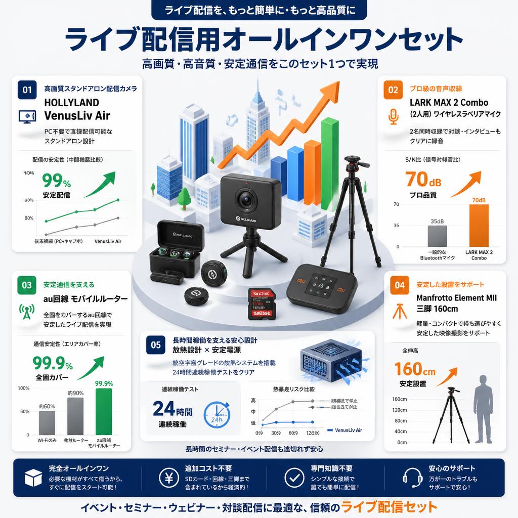 HOLLYLAND VenusLiv Air ライブ配信カメラ / SanDisk 128GB / LARK MAX 2 Combo（2人用）ワイヤレスラベリアマイク / au回線 モバイルルーター / Manfrotto Element MII 三脚 160cm （ライブ配信用セット） セールスポイント
