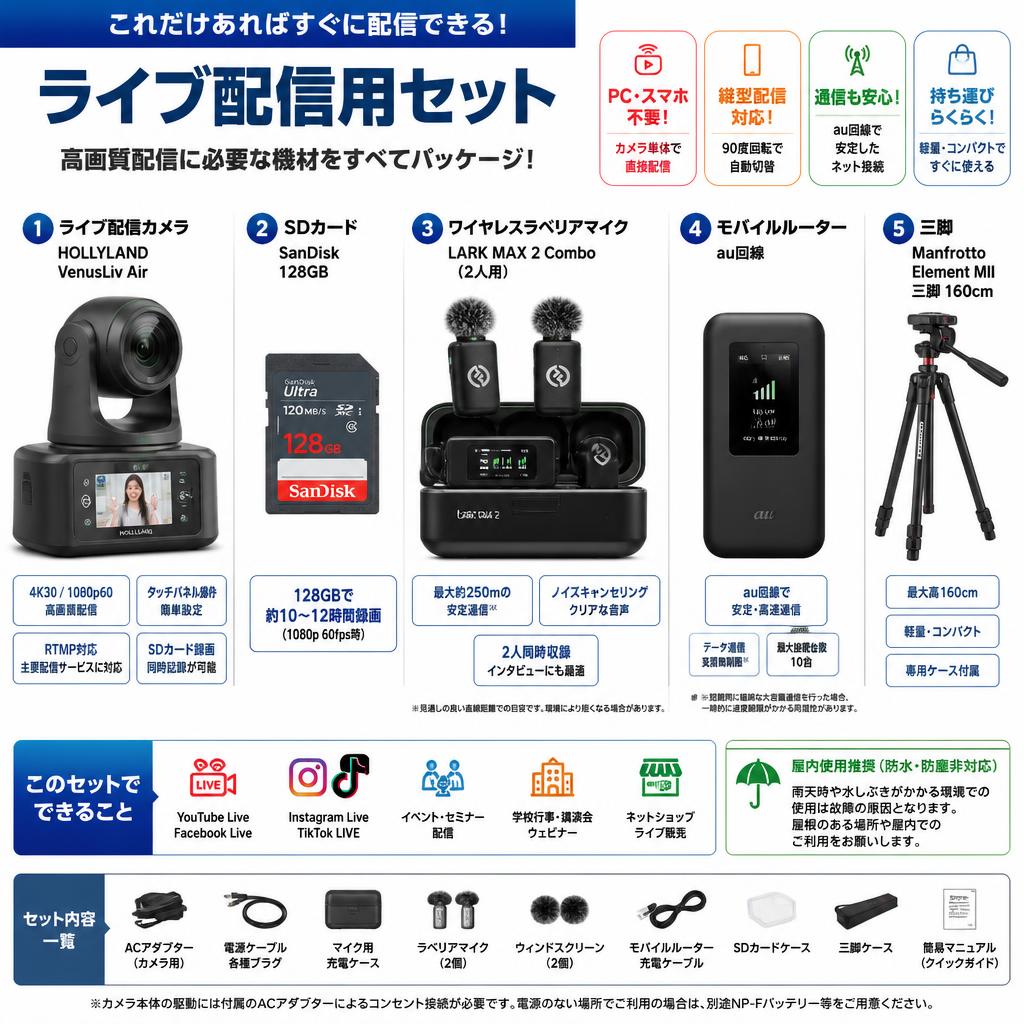HOLLYLAND VenusLiv Air ライブ配信カメラ / SanDisk 128GB / LARK MAX 2 Combo（2人用）ワイヤレスラベリアマイク / au回線 モバイルルーター / Manfrotto Element MII 三脚 160cm （ライブ配信用セット） FAQ（よくある質問と答え）