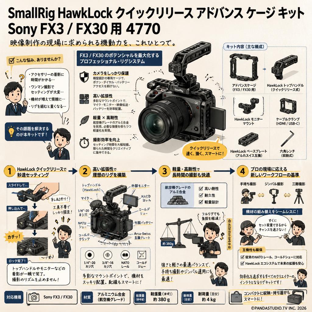 SmallRig HawkLock クイックリリース アドバンス ケージ キット Sony FX3 / FX30 用 4770 概要