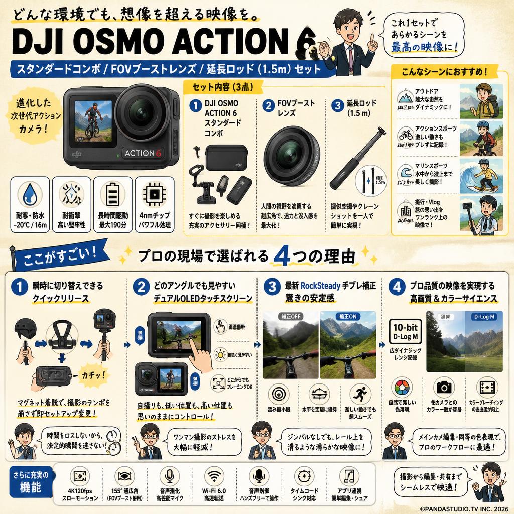 DJI Osmo Action 6 スタンダードコンボ / FOVブーストレンズ / 延長ロッド (1.5 m) セット 概要