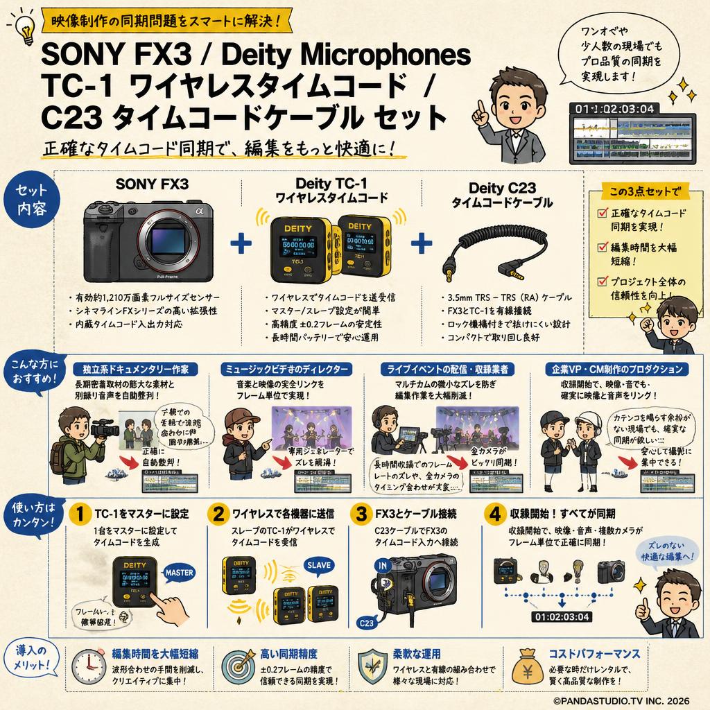 SONY FX3 / Deity Microphones TC-1 ワイヤレスタイムコード / Deity Microphones C23 タイムコードケーブル セット おもな対象のお客様