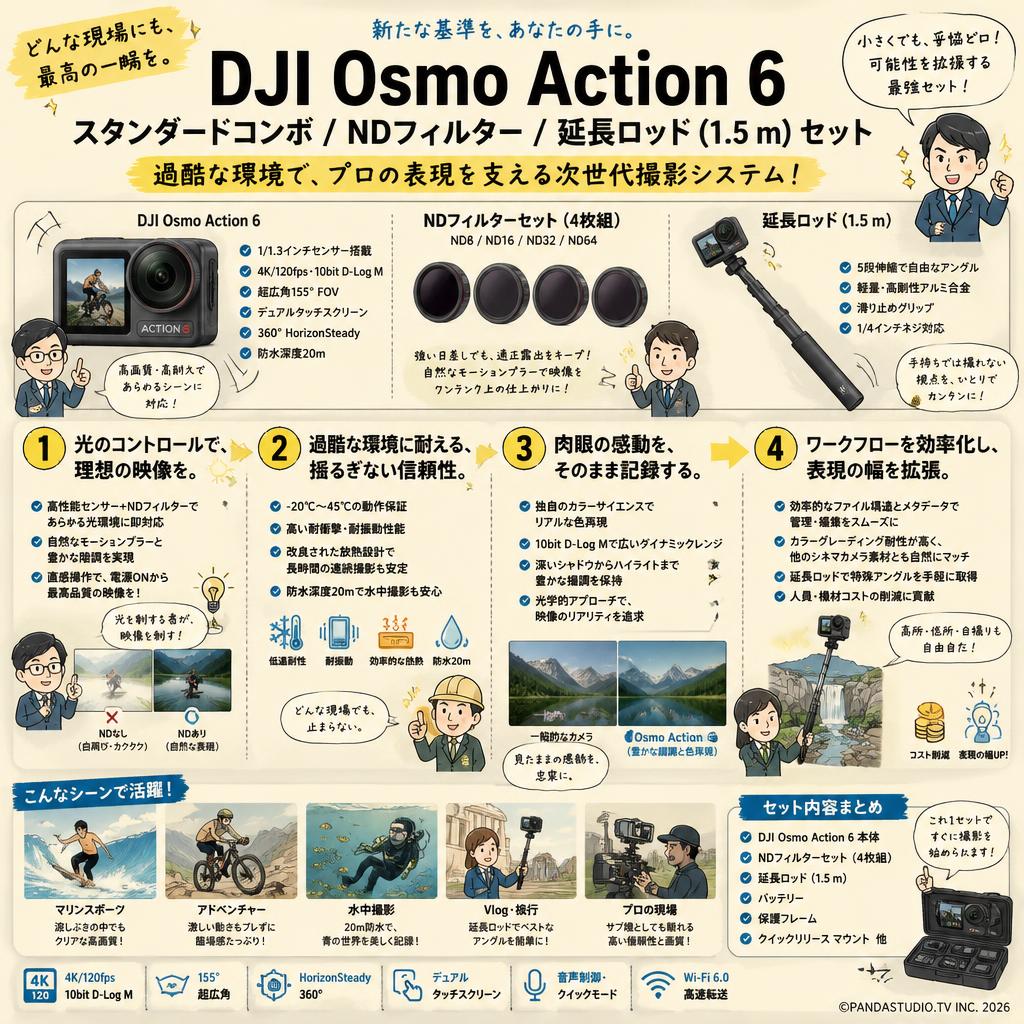 DJI Osmo Action 6 スタンダードコンボ / NDフィルター/ 延長ロッド (1.5 m) セット 概要