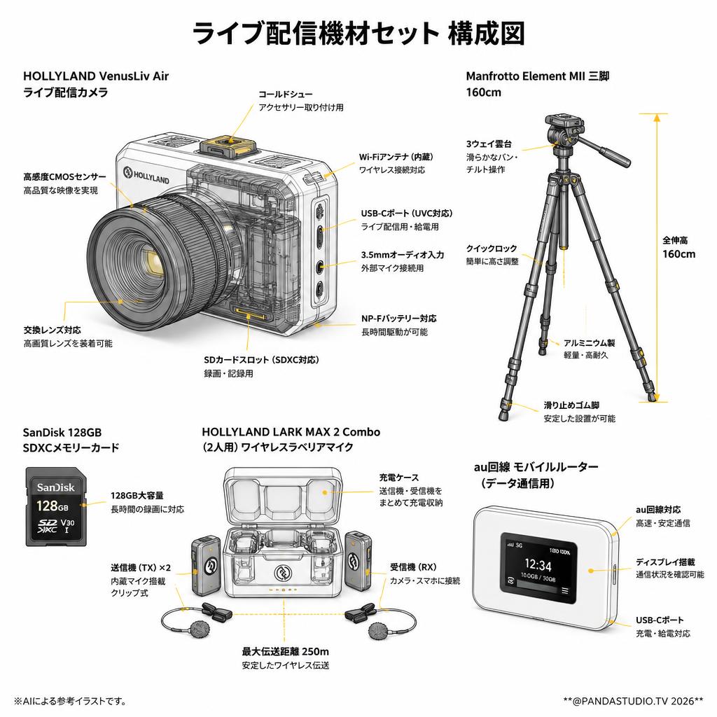 HOLLYLAND VenusLiv Air ライブ配信カメラ / SanDisk 128GB / LARK MAX 2 Combo（2人用）ワイヤレスラベリアマイク / au回線 モバイルルーター / Manfrotto Element MII 三脚 160cm （ライブ配信用セット） スペック