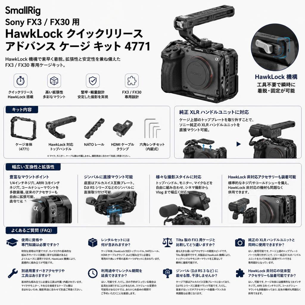 SmallRig Sony FX3 / FX30 用 HawkLock クイックリリース アドバンス ケージ キット 4771 FAQ（よくある質問と答え）