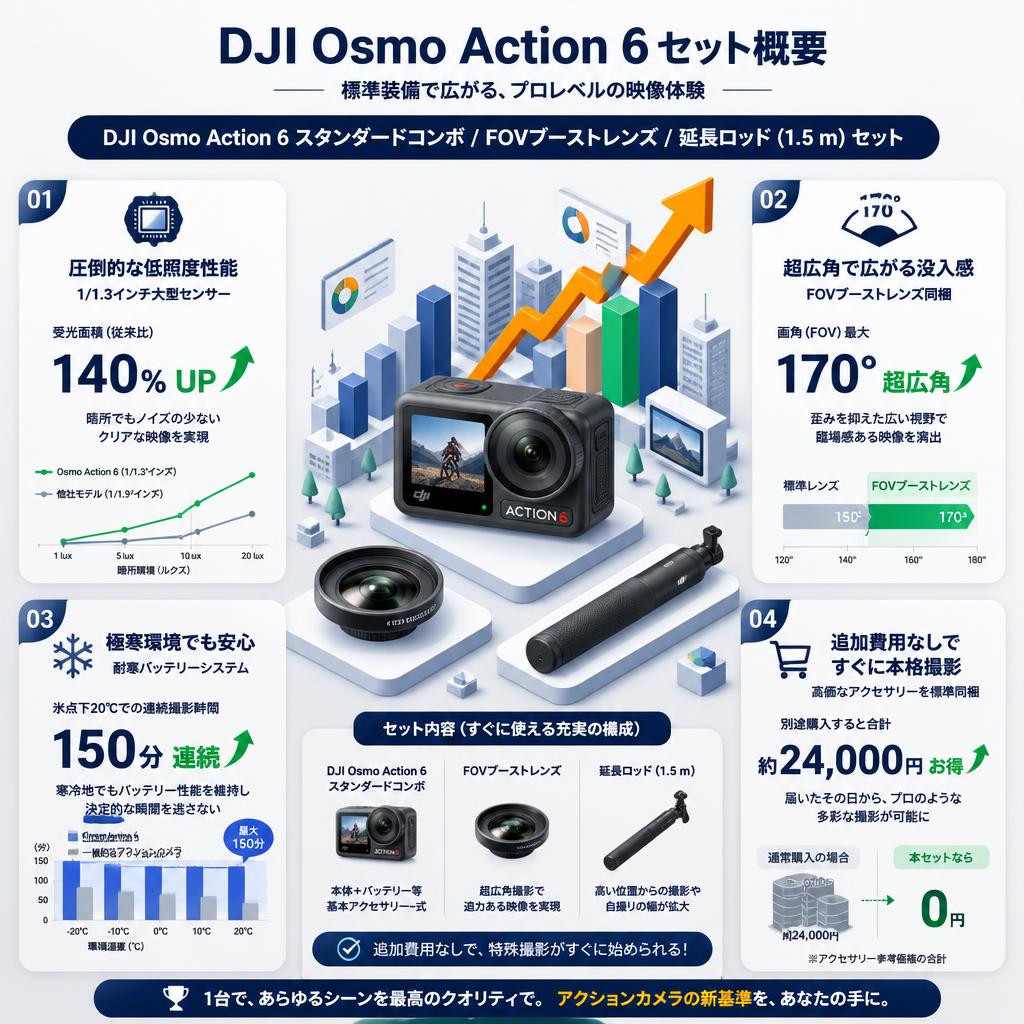 DJI Osmo Action 6 スタンダードコンボ / FOVブーストレンズ / 延長ロッド (1.5 m) セット セールスポイント
