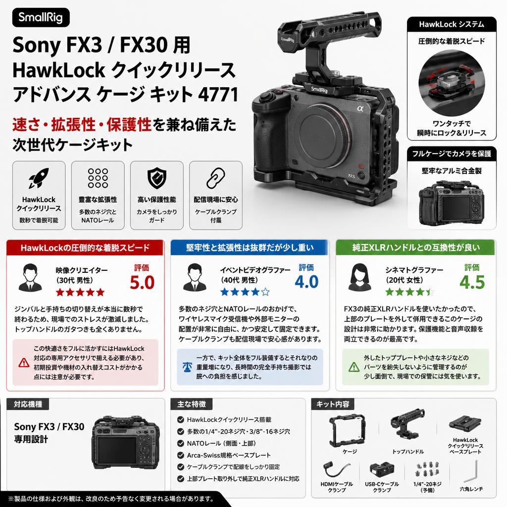 SmallRig Sony FX3 / FX30 用 HawkLock クイックリリース アドバンス ケージ キット 4771 インターネット上のお客様の声（評判）