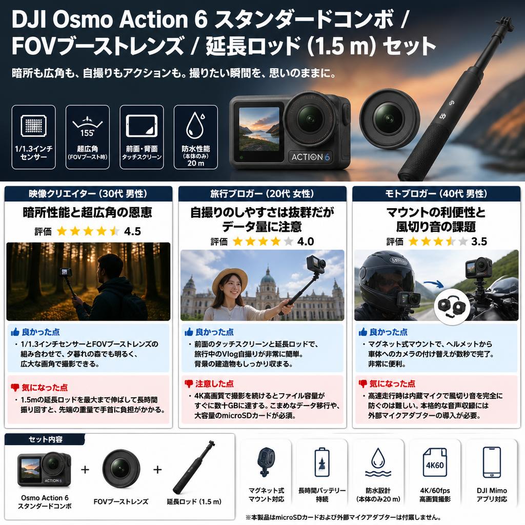 DJI Osmo Action 6 スタンダードコンボ / FOVブーストレンズ / 延長ロッド (1.5 m) セット インターネット上のお客様の声（評判）