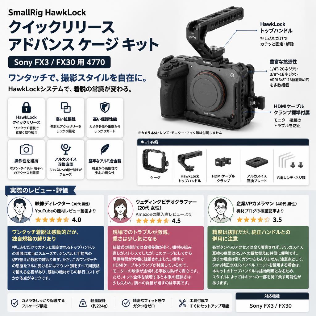 SmallRig HawkLock クイックリリース アドバンス ケージ キット Sony FX3 / FX30 用 4770 インターネット上のお客様の声（評判）