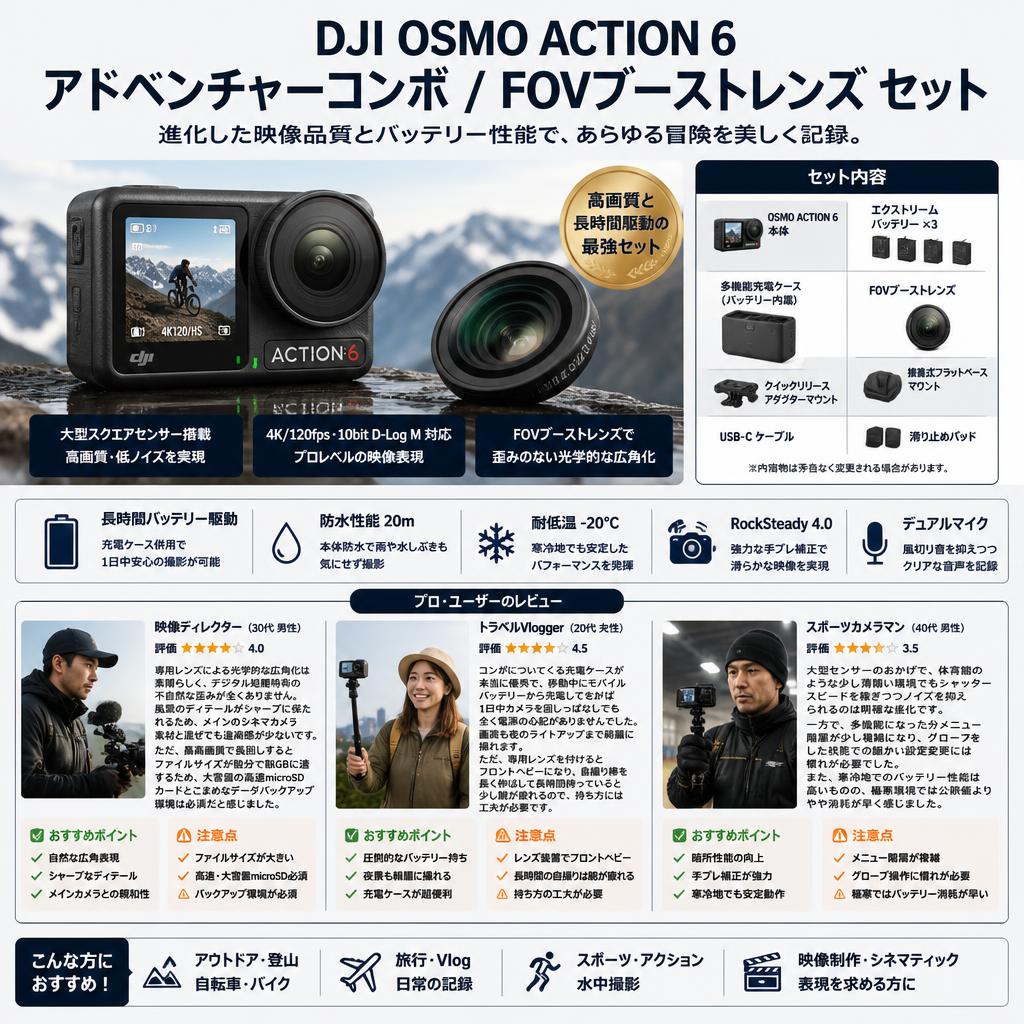 DJI Osmo Action 6 アドベンチャーコンボ / FOVブーストレンズ セット インターネット上のお客様の声（評判）