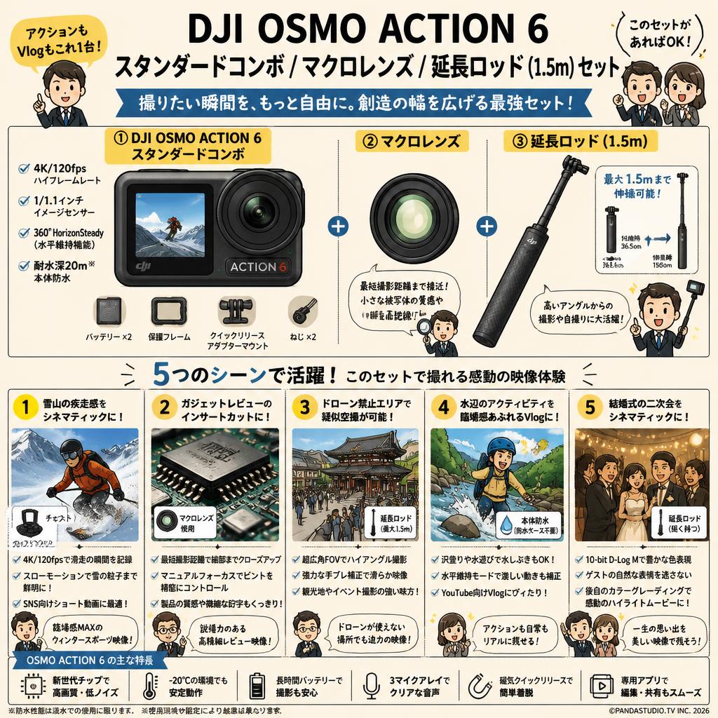 DJI Osmo Action 6 スタンダードコンボ / マクロレンズ / 延長ロッド (1.5 m)セット 用途