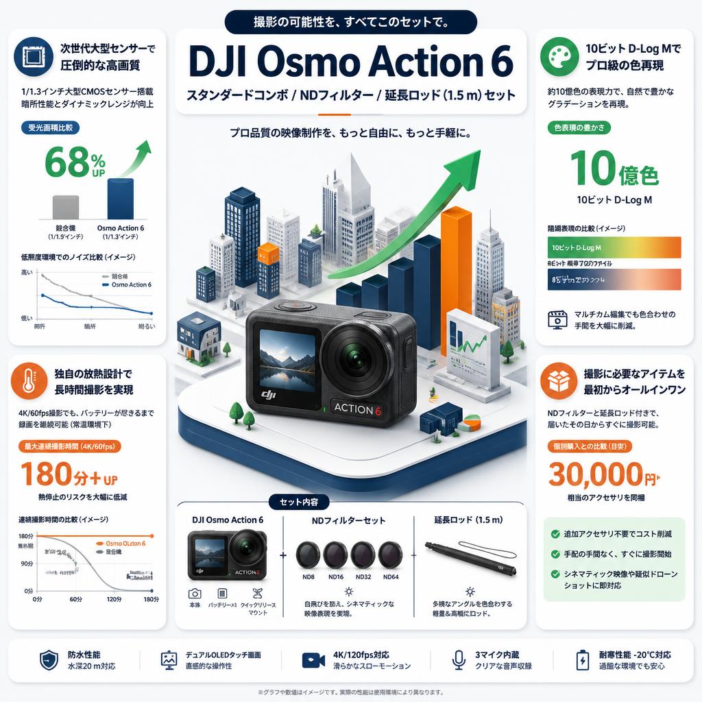 DJI Osmo Action 6 スタンダードコンボ / NDフィルター/ 延長ロッド (1.5 m) セット セールスポイント