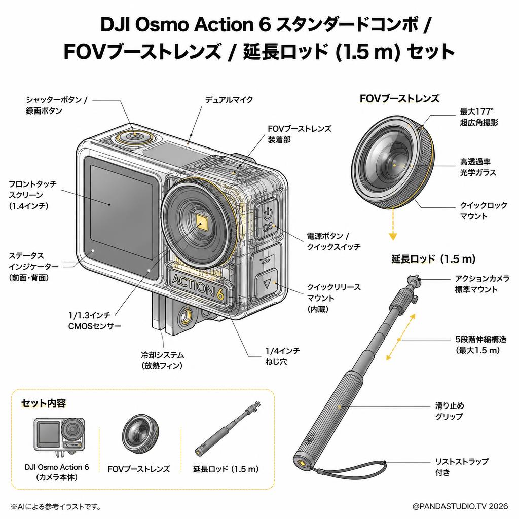 DJI Osmo Action 6 スタンダードコンボ / FOVブーストレンズ / 延長ロッド (1.5 m) セット スペック