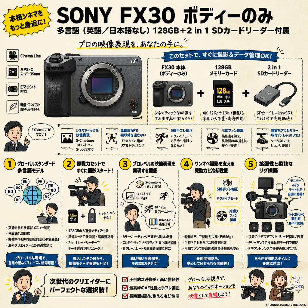 SONY FX30 ボディーのみ（多言語 / 英語 / 日本語なし）128GB ＋ 2 in 1 SDカードリーダー付属 概要