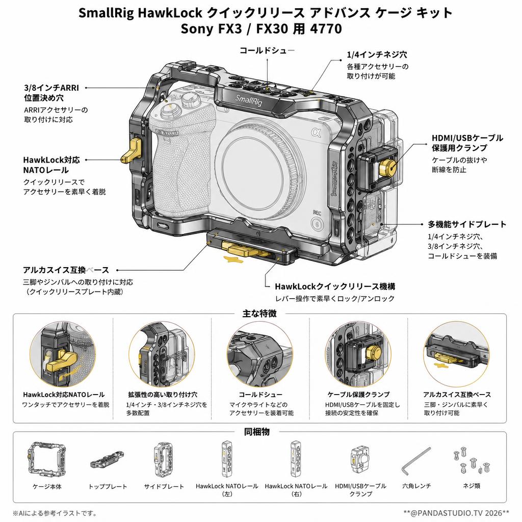 SmallRig HawkLock クイックリリース アドバンス ケージ キット Sony FX3 / FX30 用 4770 スペック
