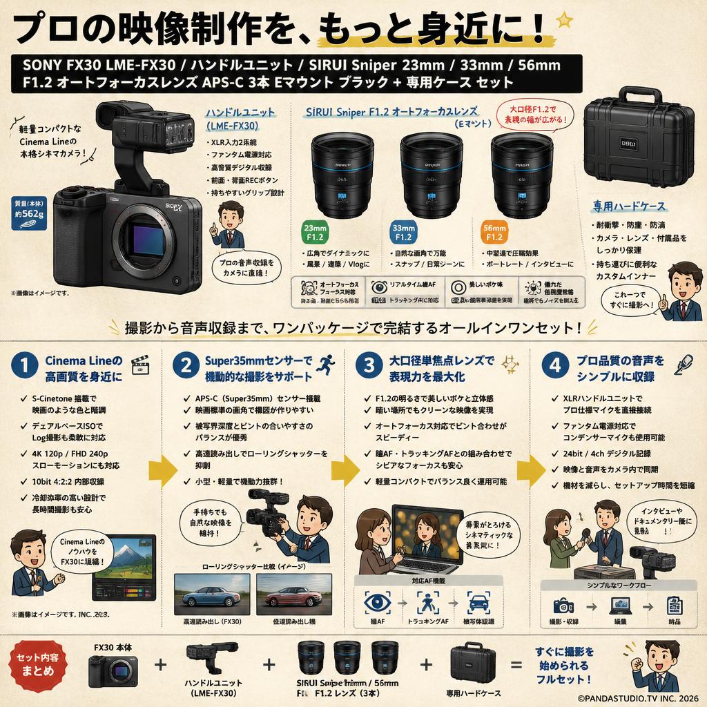 SONY FX30 LME-FX30 / ハンドルユニット / SIRUI Sniper 23mm / 33mm / 56mm F1.2 オートフォーカスレンズAPS-C 3本 Eマウント ブラック + 専用ケース セット 概要