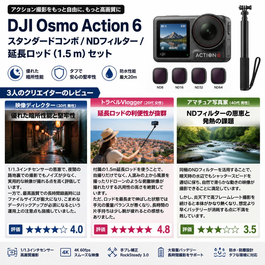 DJI Osmo Action 6 スタンダードコンボ / NDフィルター/ 延長ロッド (1.5 m) セット インターネット上のお客様の声（評判）