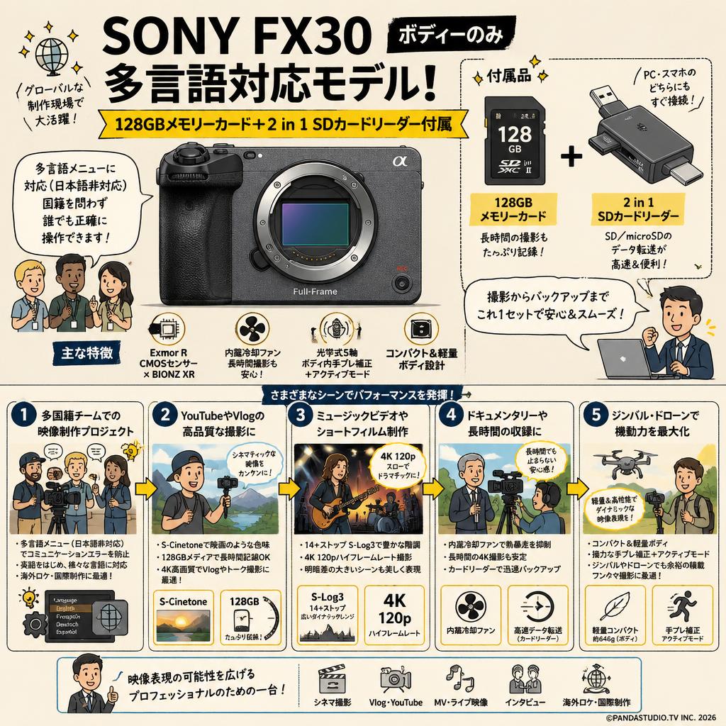 SONY FX30 ボディーのみ（多言語 / 英語 / 日本語なし）128GB ＋ 2 in 1 SDカードリーダー付属 用途